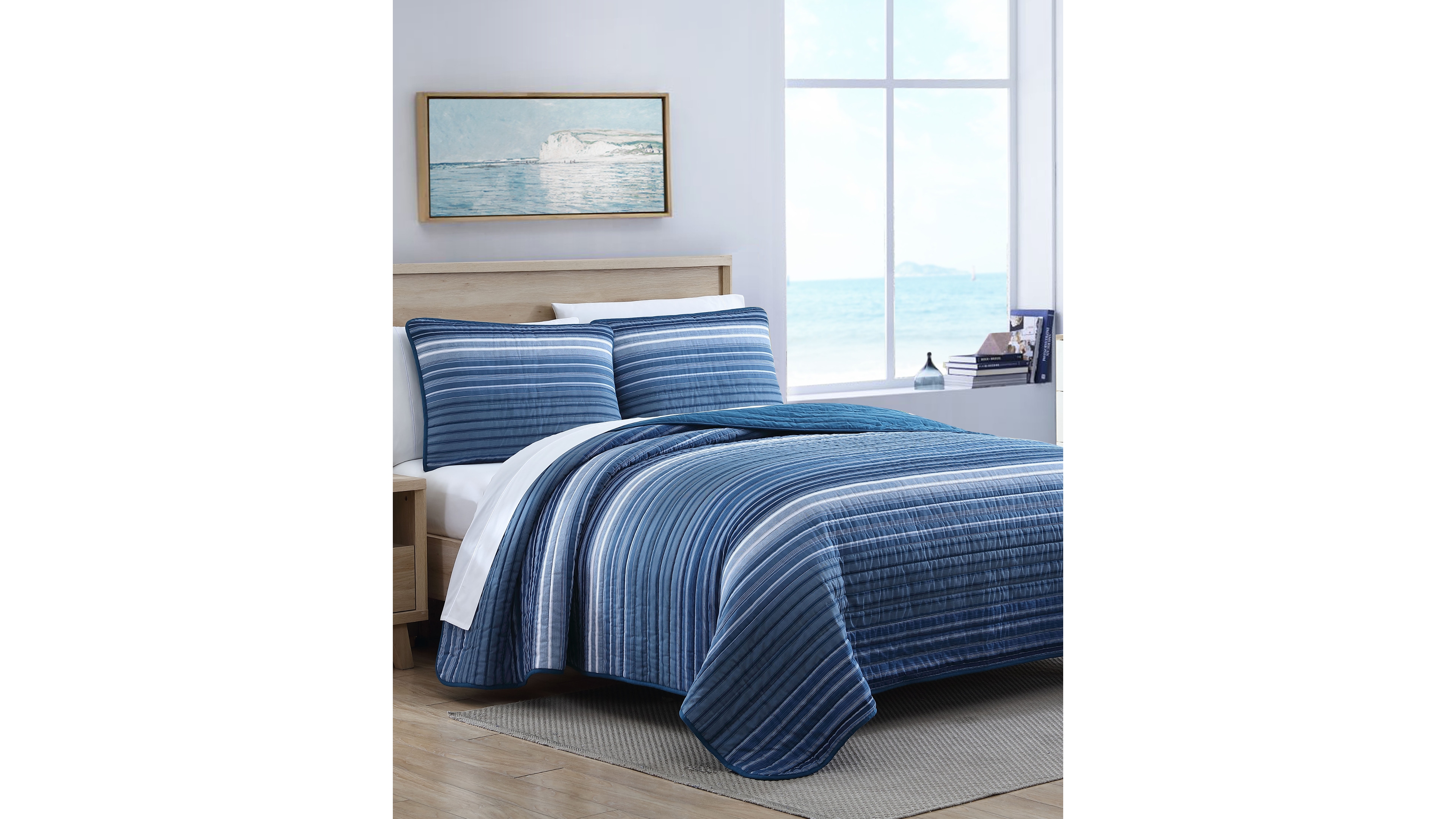 Nautica Coveside Blue Cotton Reversible 3-Piece Quilt Set, King