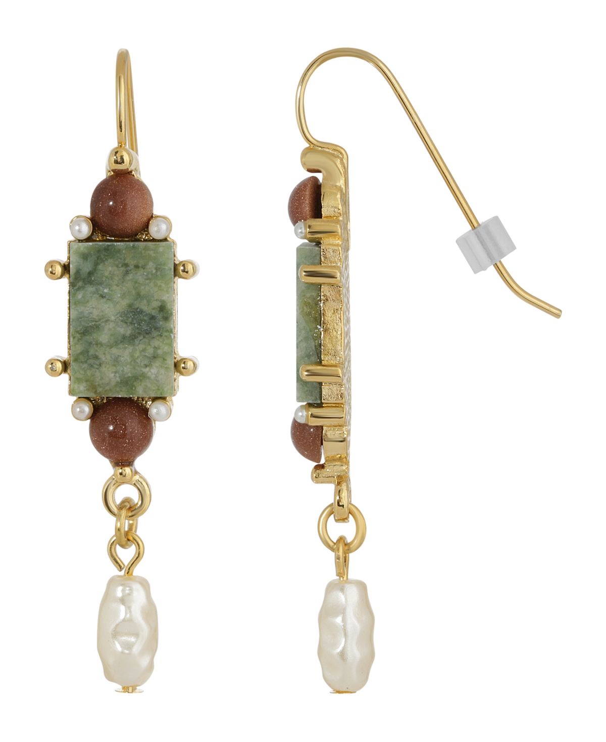 2028 Gold-tone Semi Precious Aventurine Rectangle Imitation Pearl Drop Earrings In Green