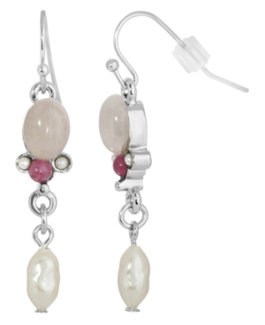 image of 2028 Silver-Tone Semi Precious Rose Quartz and Imitation Pearl Drop Earrings