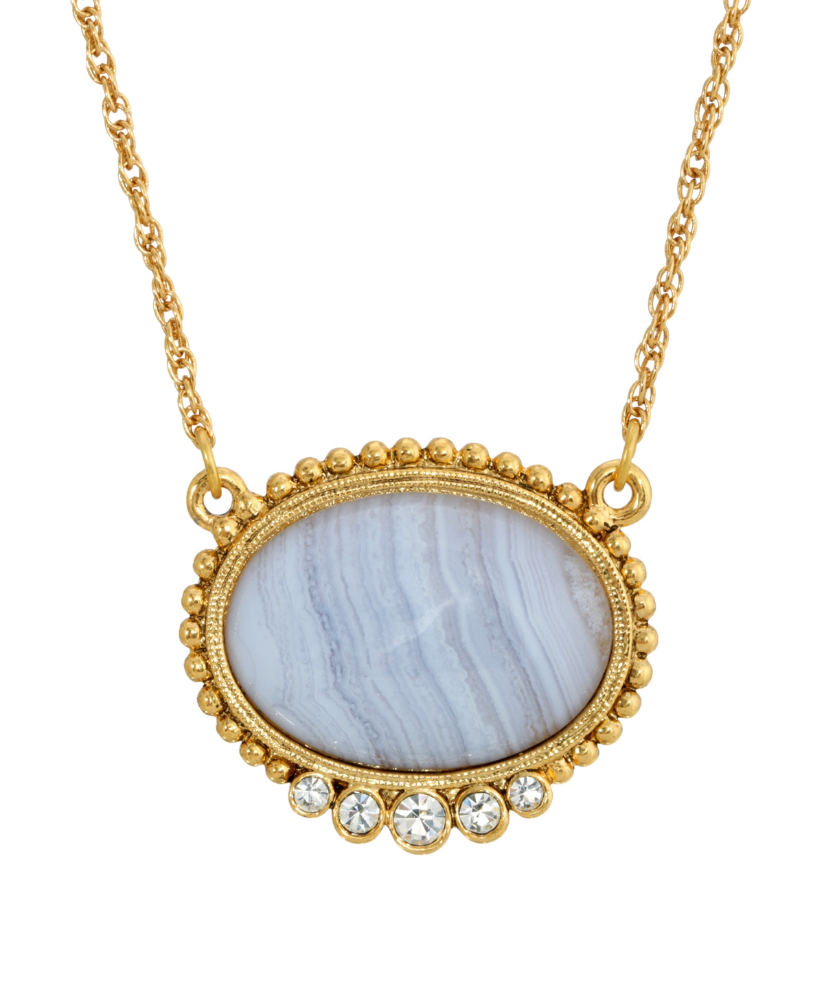 2028 Gold-tone Semi Precious Oval Stone With Crystals Necklace In Blue