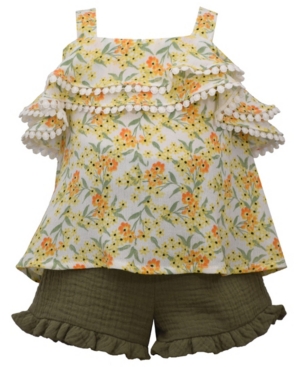 Toddler Girls Floral Crinkle Challis Ruffled Top and Solid Gauze Short Set 2 Piece