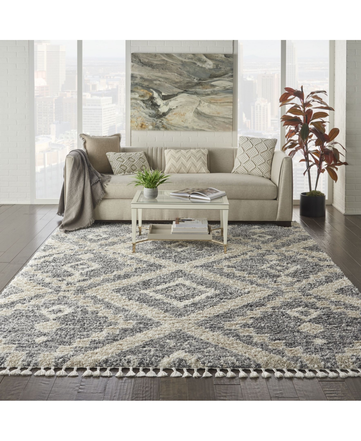 Nourison Home Oslo Shag OSL02 Gray and Ivory 7'10" x 10'6" Area Rug