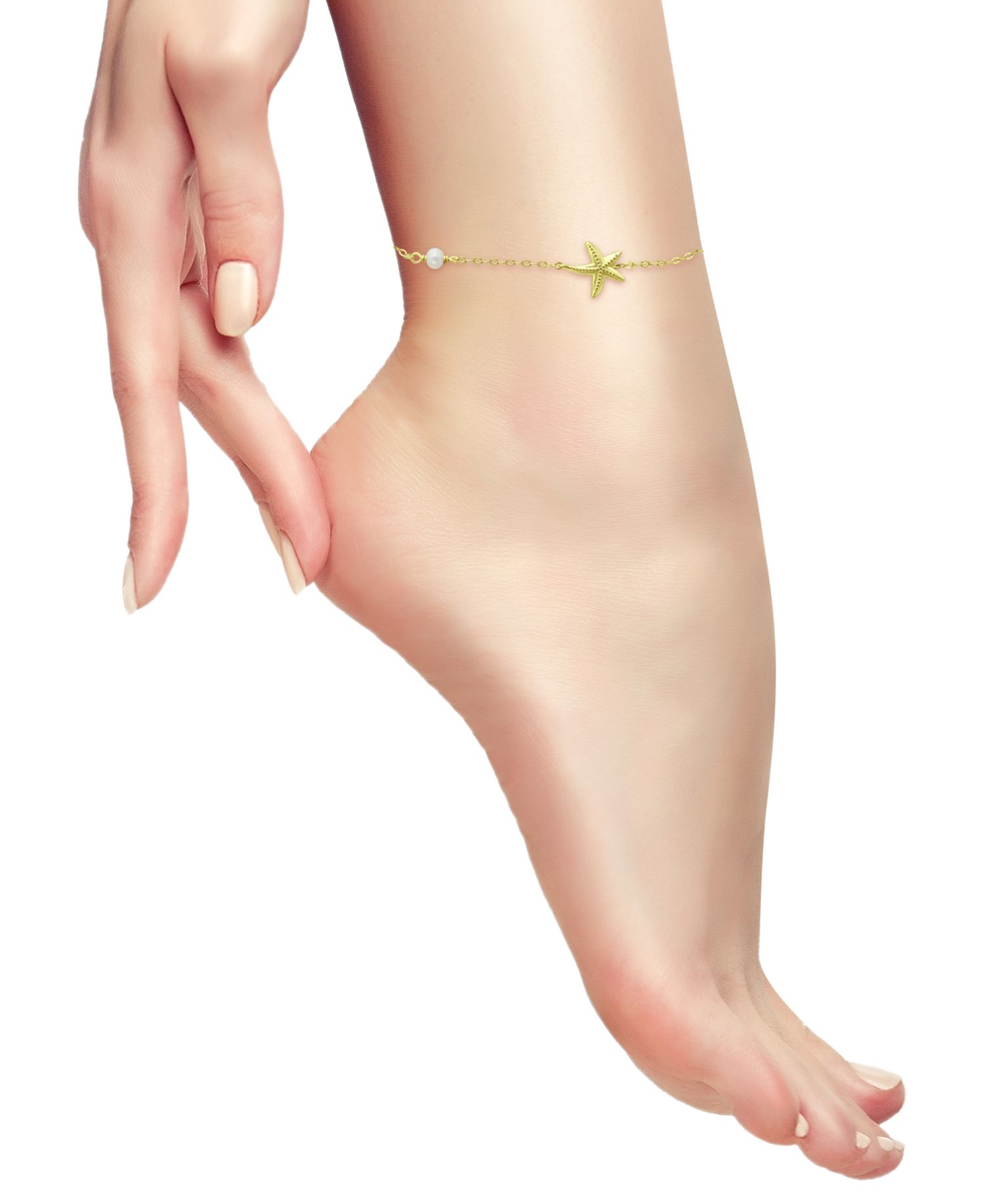 Cultured Freshwater Pearl (4mm) & Starfish Ankle Bracelet in 18k Gold-Plated Sterling Silver