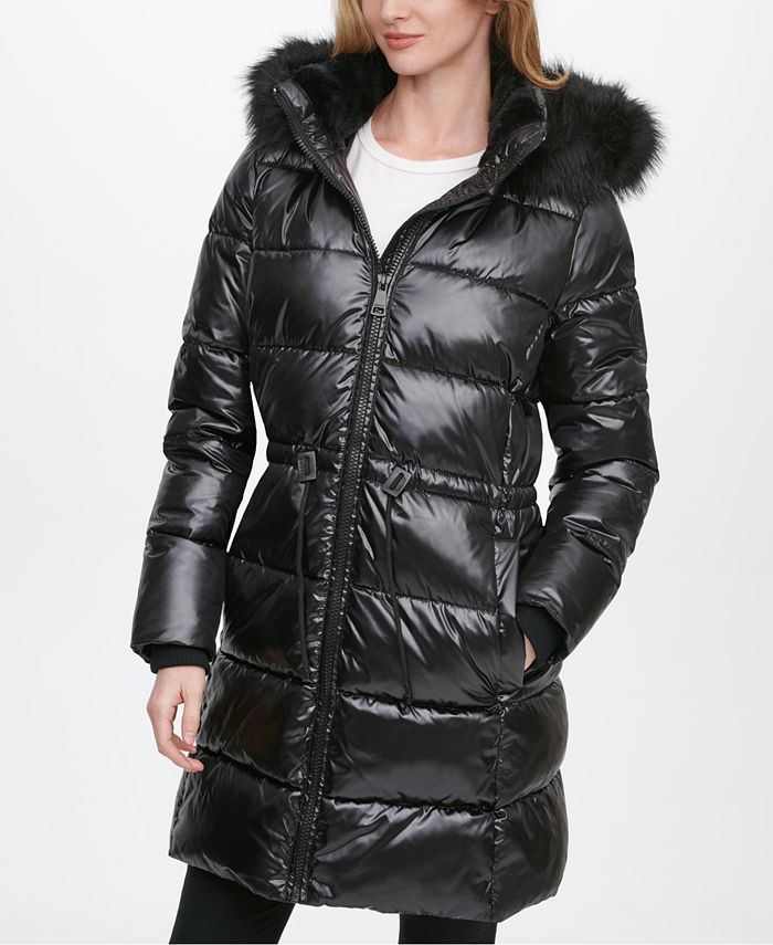 DKNY Petite High-Shine Faux-Fur Trim Hooded Puffer Coat - Macy's