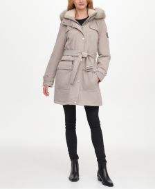 Belted Faux-Fur-Trim Hooded Water-Resistant Anorak Coat