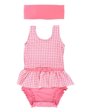 image of RuffleButts Baby Girls Gingham Skirted One Piece Swimsuit and Swim Headband Set