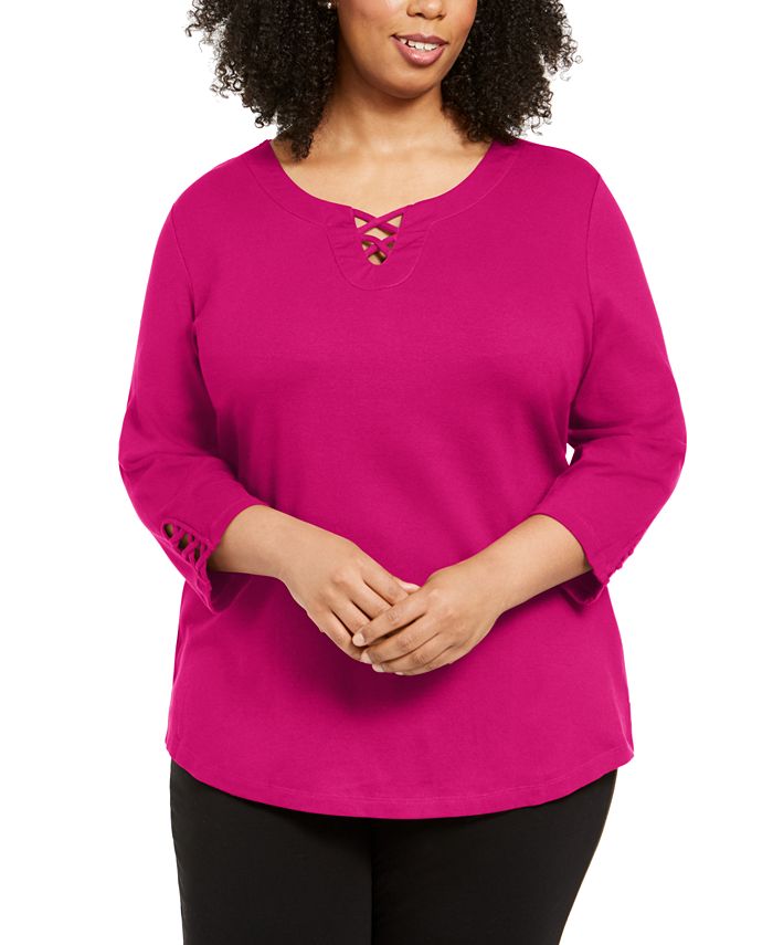 Karen Scott Plus Size Cotton Crisscross Top, Created for Macy's - Macy's