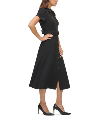 Puff-Sleeve Belted Midi Dress