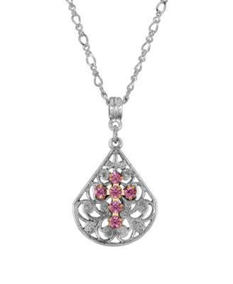 Pewter Fan Light Green Crystal Cross 16" Adjustable Necklace