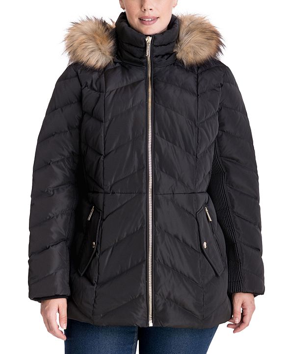Michael Kors Plus Size Faux-Fur Trim Hooded Puffer Coat, Created for ...