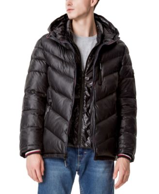 Men's Chevron Hooded Puffer Jacket with Attached Bib  