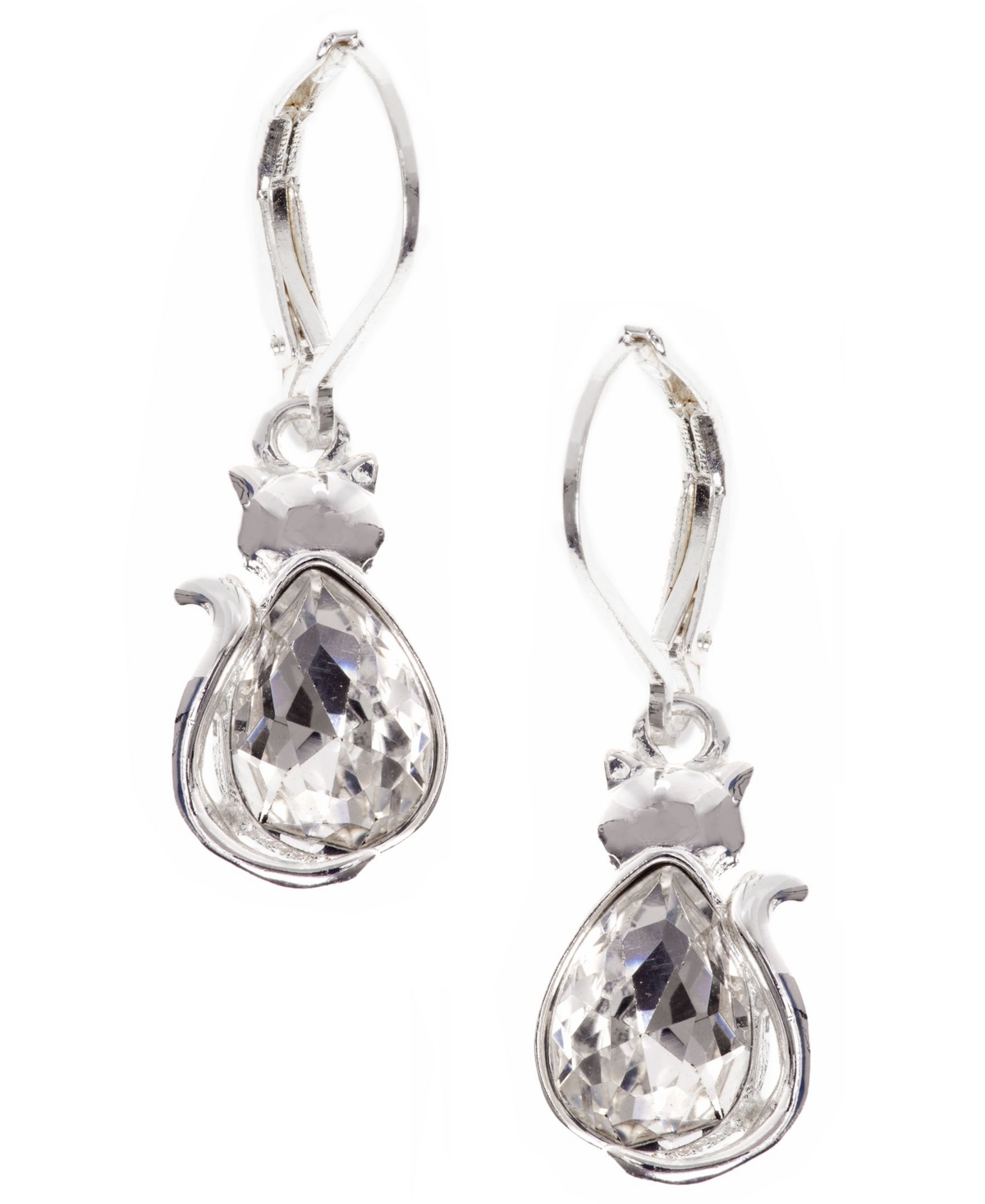 Cat Stone Drop Earring - Silver-tone