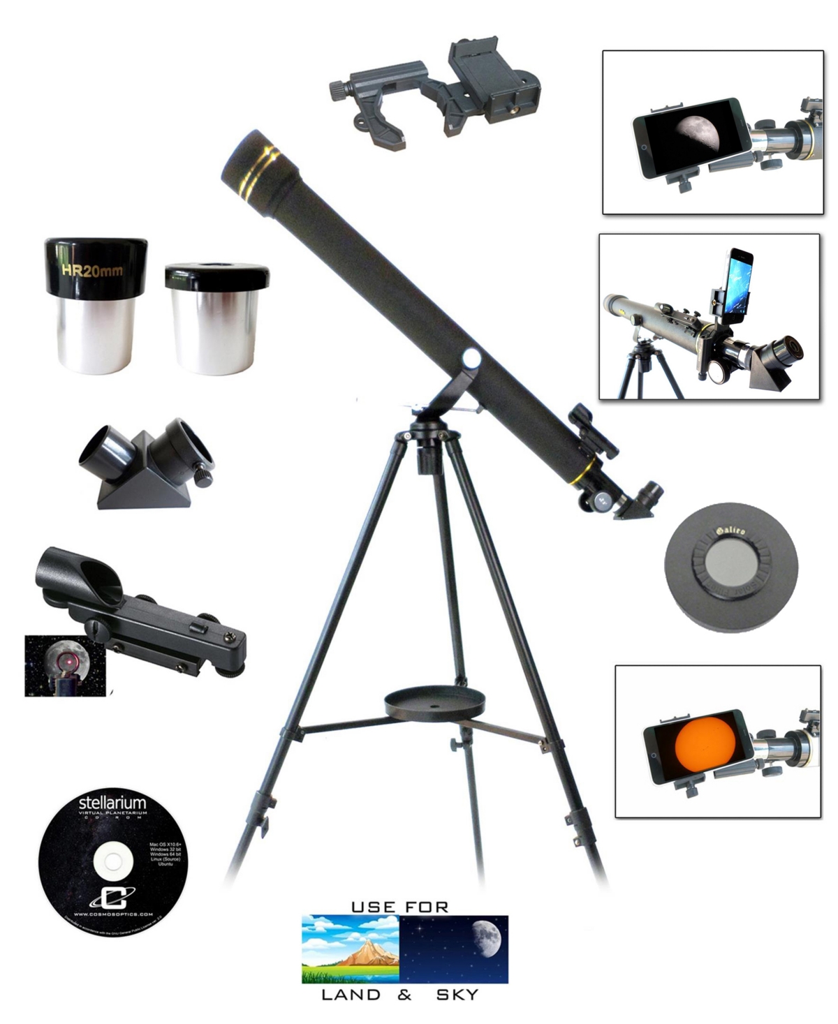 Galileo 700mm X 60mm Day And Night Telescope Kit Plus Smartphone Adapter And Solar Filter Cap In Black