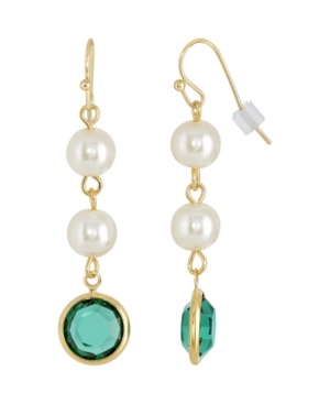 image of 2028 Gold-Tone Imitation Pearl with Dark Green Channels Drop Earring