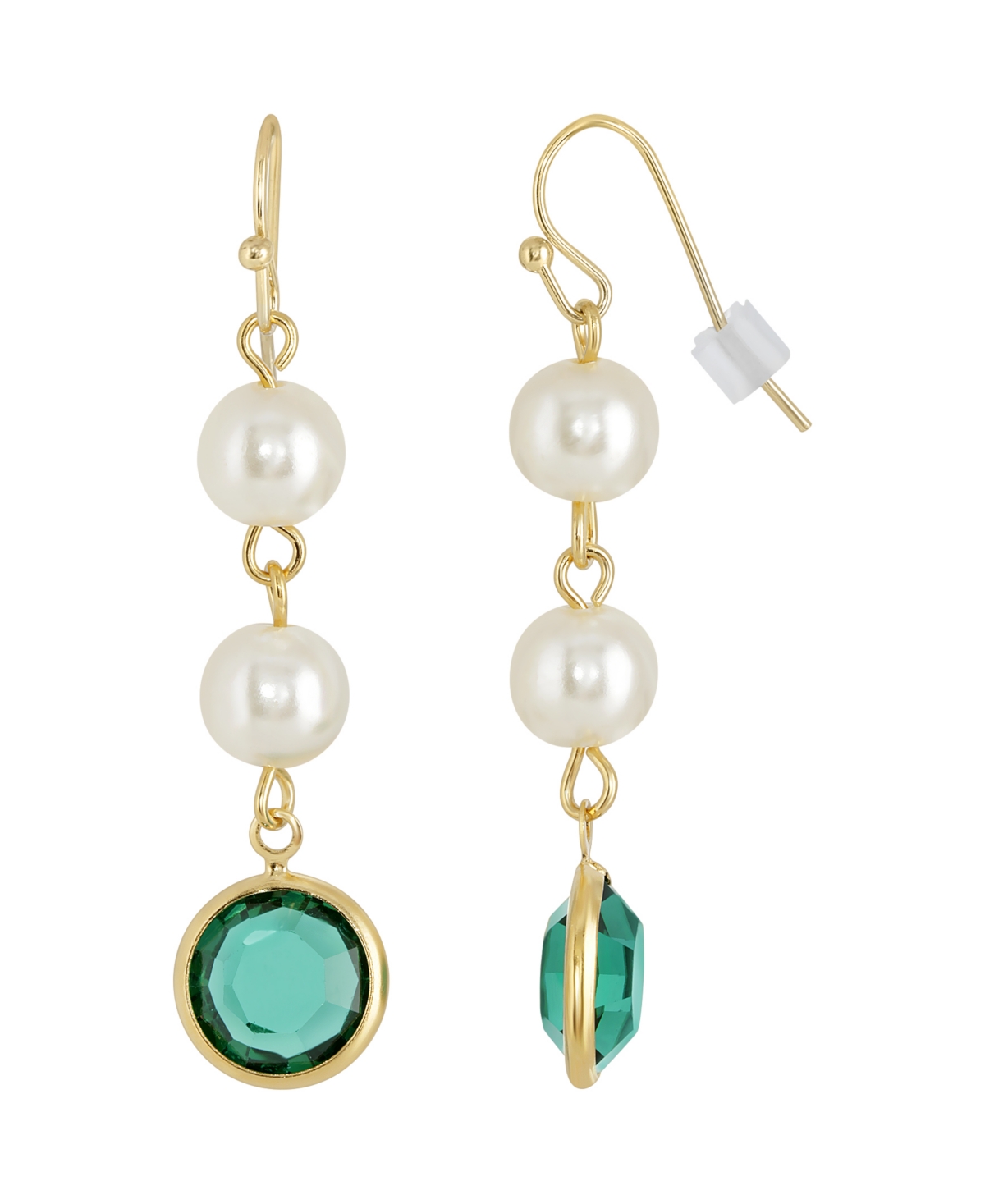 Gold-Tone Imitation Pearl with Dark Green Channels Drop Earring - Green