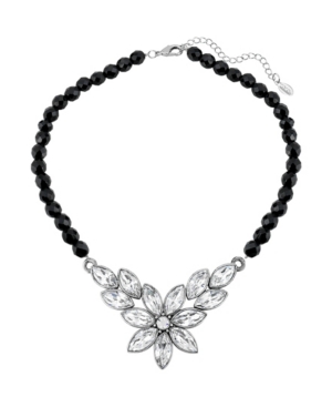 image of 2028 Silver-Tone Diamond Shaped Crystal Flower Black Beaded 15