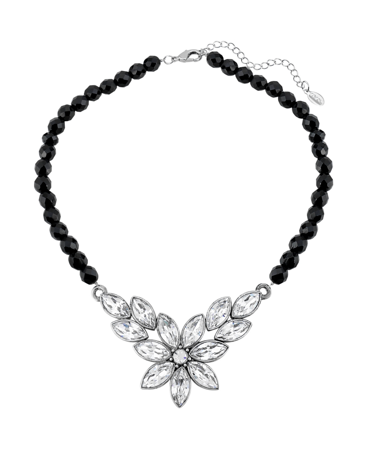 2028 Silver-tone Diamond Shaped Crystal Flower Black Beaded 15" Adjustable Necklace