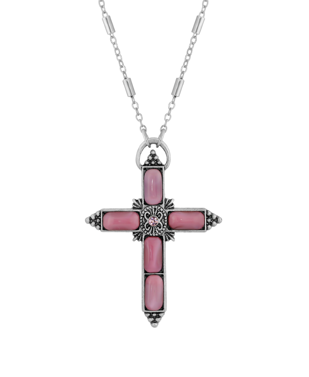 Silver-Tone Pink Moonstone Pink Crystal Cross 20" Necklace - Pink