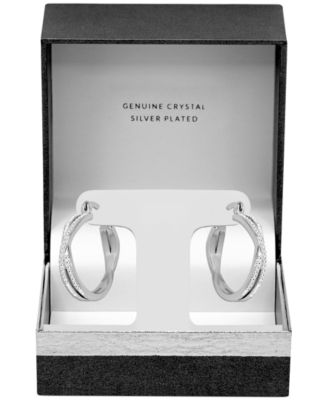 Crystal Small Crossover Hoop Earrings, 0.95" in Silver Plate or Gold Plate
