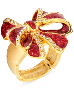 image of Holiday Lane Gold-Tone Pave & Glitter Red Tied-Bow Statement Stretch Ring, Created for Macy-s