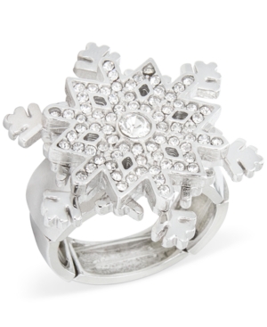 image of Holiday Lane Silver-Tone Crystal Snowflake Statement Stretch Ring, Created for Macy-s