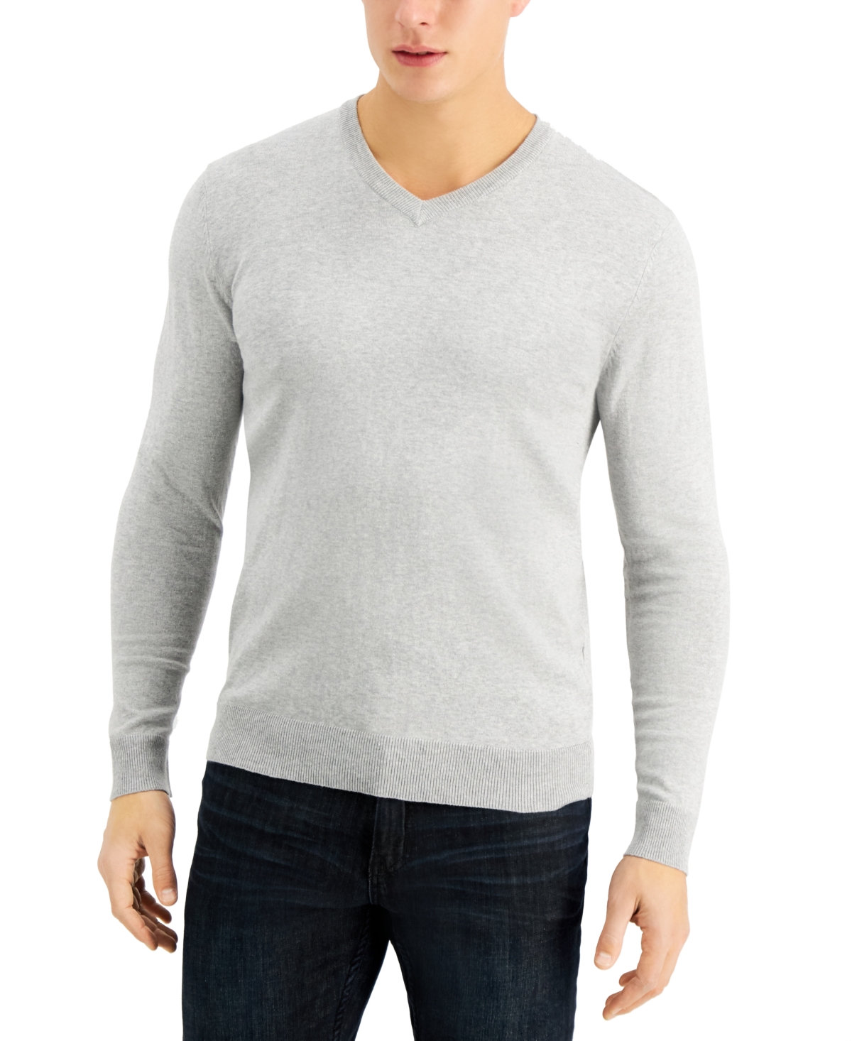 Men's Solid V-Neck Cotton Sweater, Created for Macy's - Casual Grey Heather