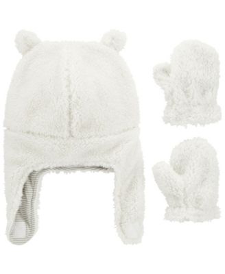 white baby hat and mittens