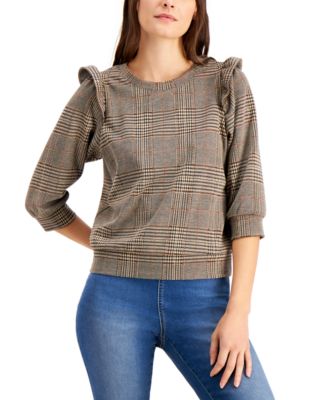INC International Concepts - Plaid Puff-Sleeve Top