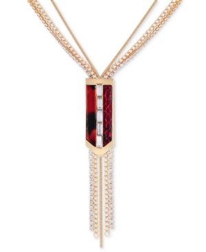 image of Guess Gold-Tone Crystal & Burgundy Multi-Row Lariat Necklace, 15-1/2
