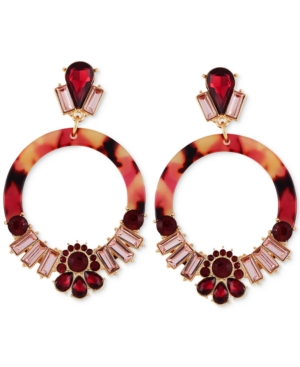 image of Guess Gold-Tone Crystal & Burgundy Stone Tortoise-Look Circle Drop Earrings
