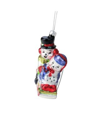 Cheerful Sledding Snowmen Couple Glass Christmas Ornament