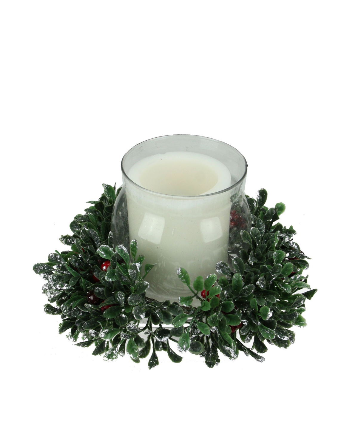 Clear and Boxwood with Berry Tipped Christmas Hurricane Pillar Candle Holder - Clear