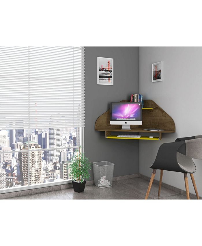 Manhattan Comfort Bradley Corner Desk with Keyboard Shelf in Rustic Brown and Yellow