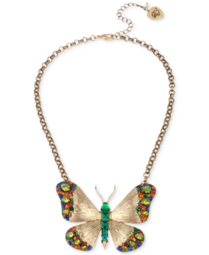 image of Betsey Johnson Gold-Tone Multicolor Crystal Butterfly Pendant Necklace, 16