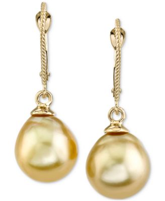 Cultured Golden South Sea Pearl (10mm) Drop Earrings in 14k Gold