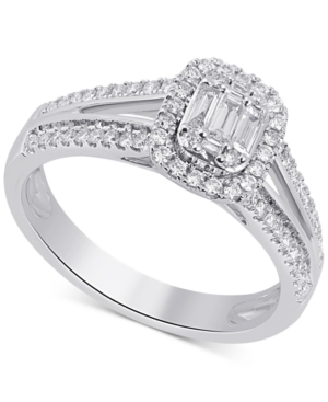 image of Diamond Emerald-Cut Cluster Halo Ring (1/2 ct. t.w.) in 14k White Gold
