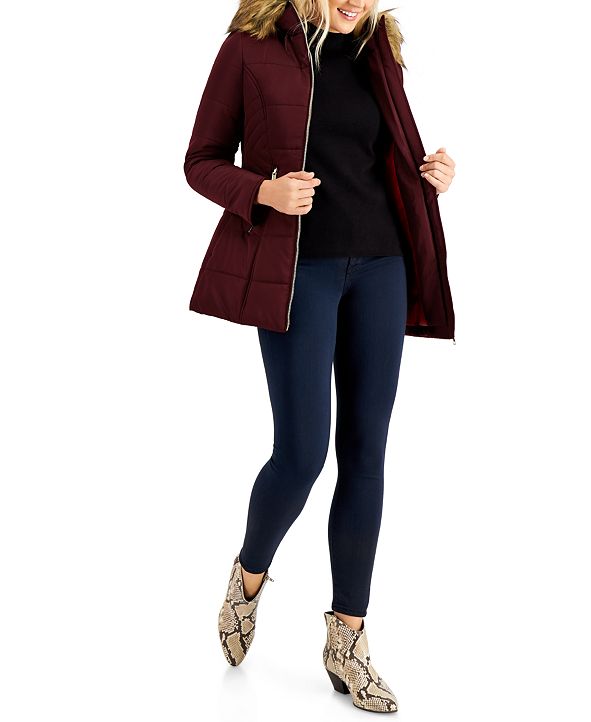 Maralyn Me Juniors Hooded Faux Fur Trim Puffer Coat Wine Size Medium main image 1