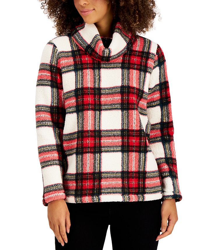 Style & Co Plaid Cowlneck Sherpa Pullover, Created for Macy's - Macy's
