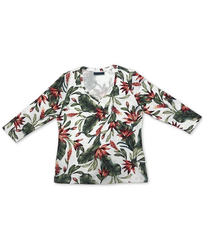Karen Scott Women's Floral Print Striped Funnel Neck Top Black Size Petite L