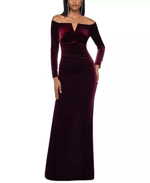 velvet off-the-shoulder gown