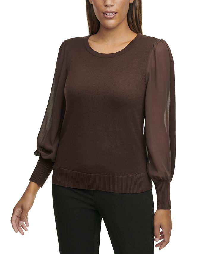 Calvin Klein Sheer-Sleeve Top & Reviews - Sweaters - Women - Macy's