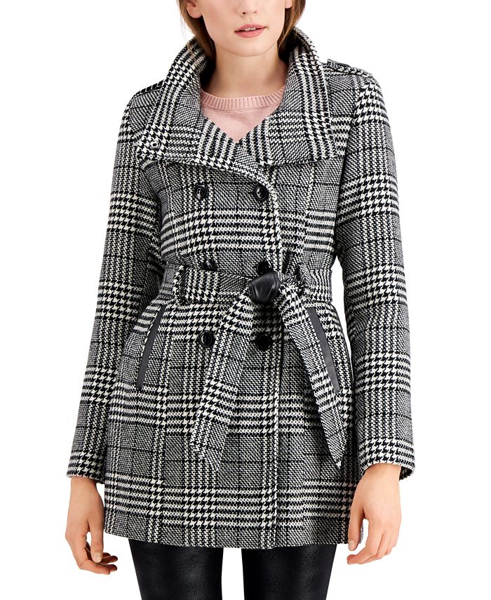 BCX Juniors' Plaid Double-Breasted Belted Wool Coat - Macy's