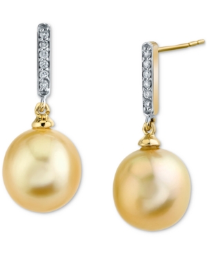 image of Cultured Golden South Sea Pearl (10mm) & Diamond (1/10 ct. t.w.) Drop Earrings in 14k Gold