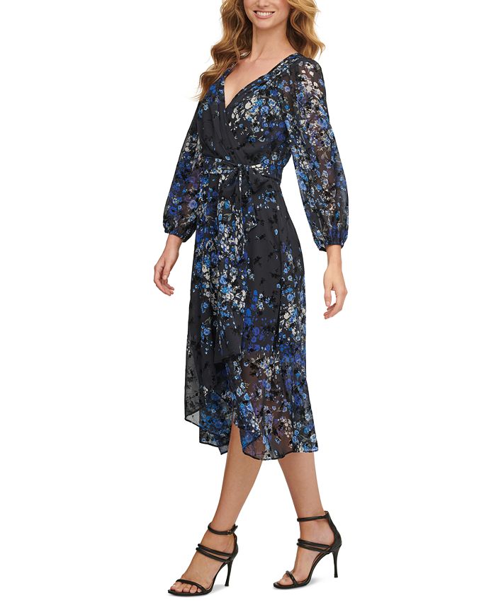 DKNY Women's Floral Print Ruffled Sleeve Faux Wrap Dress Purple Size 12