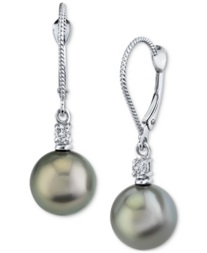 image of Cultured Tahitian Pearl (9mm) & Diamond (1/10 ct. t.w.) Drop Earrings in 14k White Gold