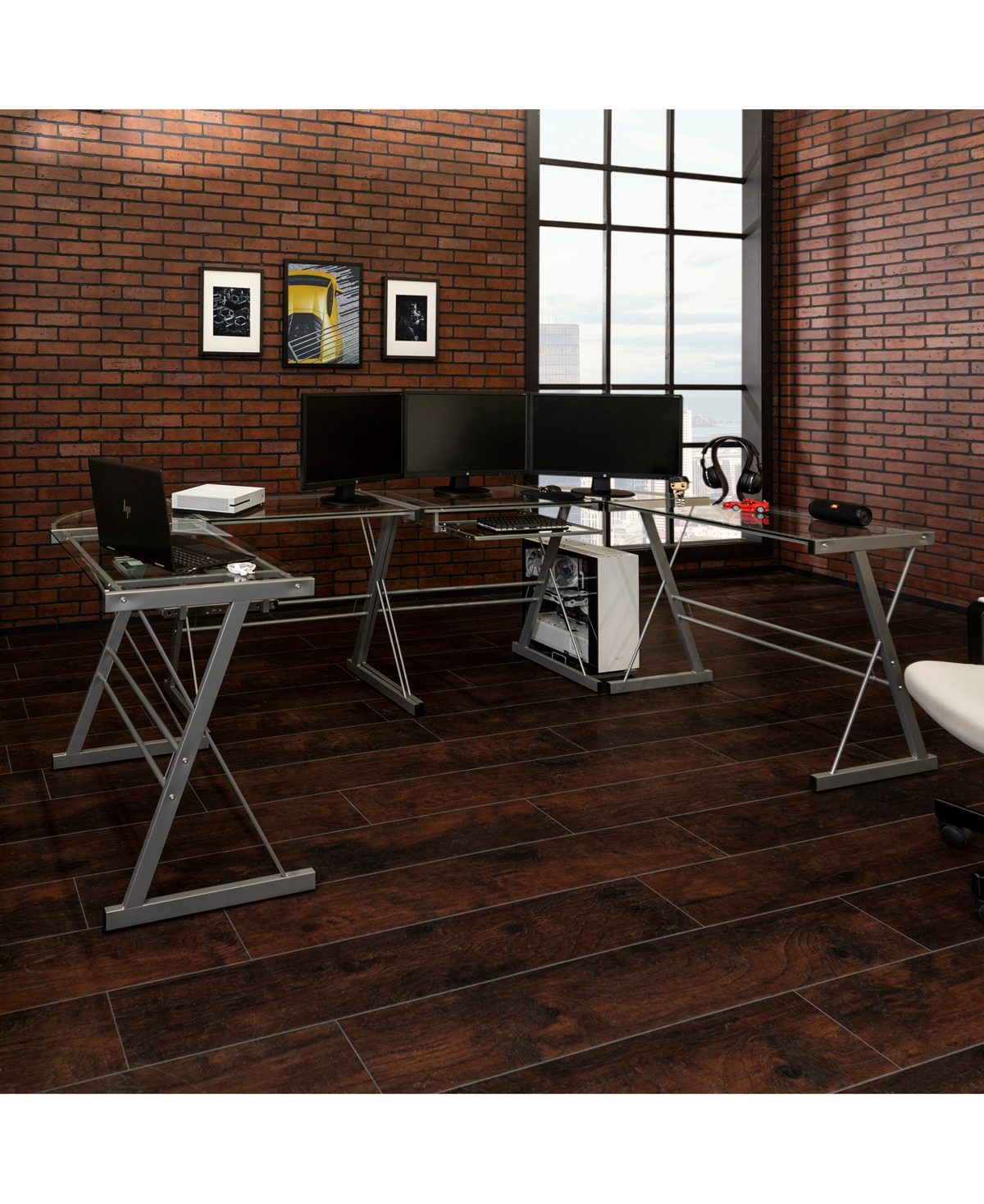 Walker Edison Command Center Gaming Desk Station In Silver ModeSens