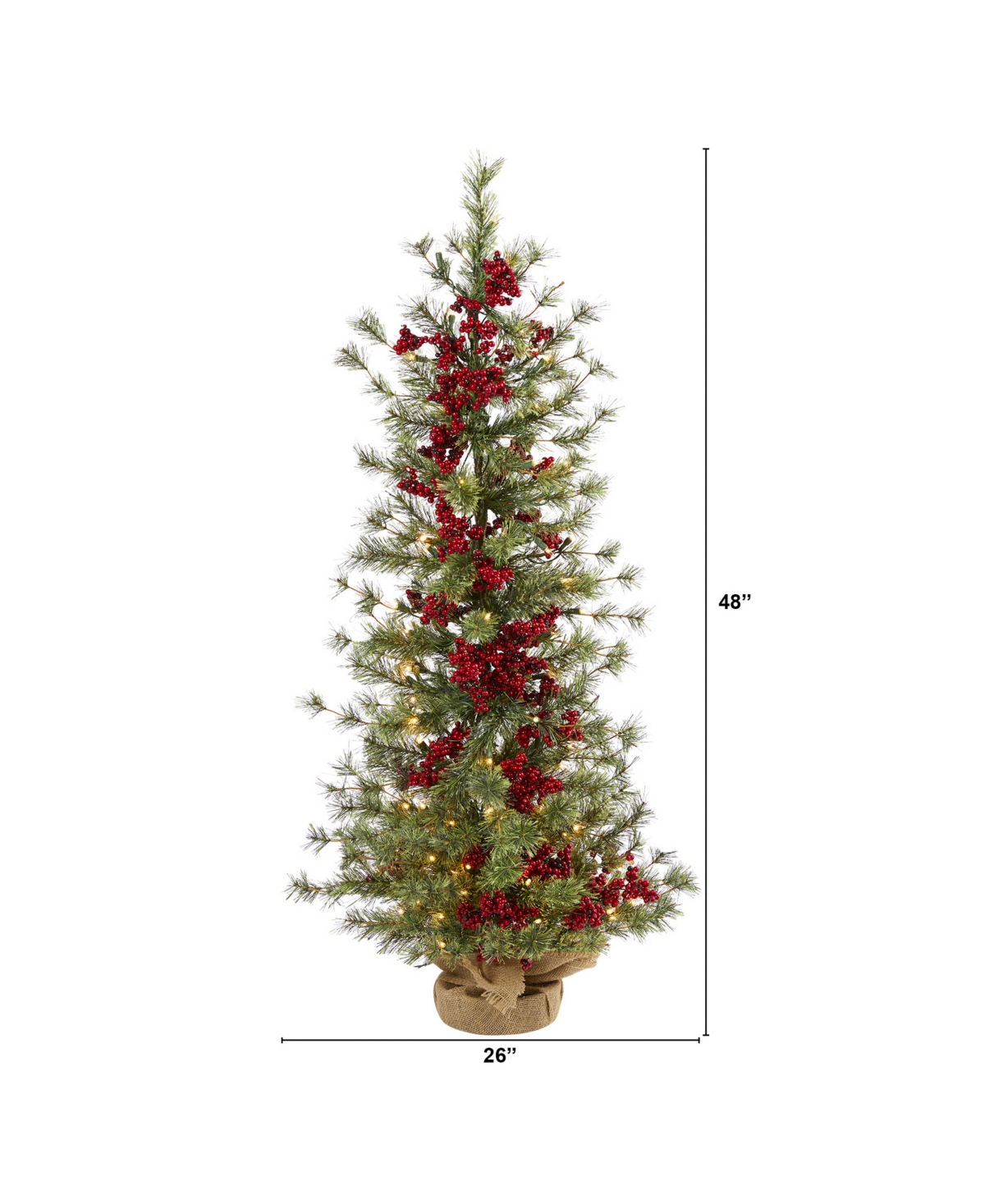 Nearly Natural Berry and Pine Artificial Christmas Tree with 100 Warm Lights and Burlap Wrapped Base