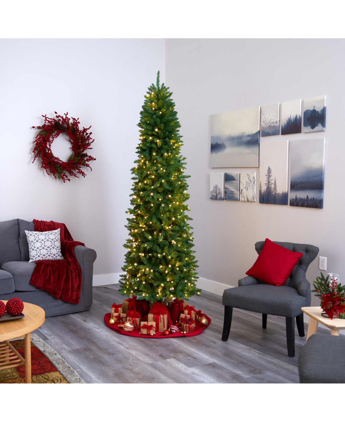 Nearly Natural Slim Mountain Pine Artificial Christmas Tree with 350 Clear Led Lights