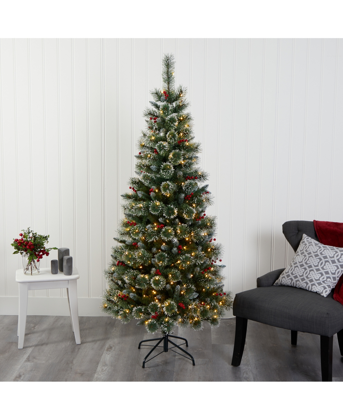 Nearly Natural Frosted Swiss Pine Artificial Christmas Tree with 300 Clear Led Lights and Berries