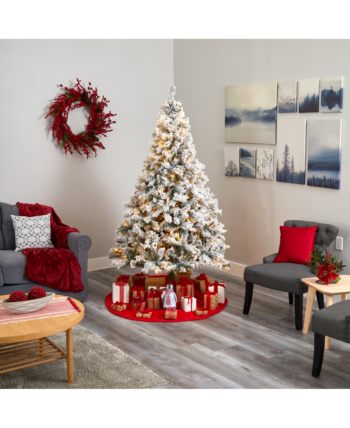 Nearly Natural Flocked River Mountain Pine Artificial Christmas Tree with Pinecones and 350 Led Lights